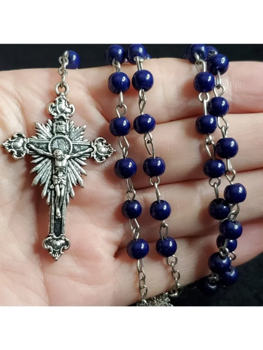 Fatima Rosary Necklace Silver Tone Blue Glass Italy 1917 2017 28